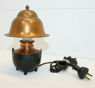 Antique Heavy Cast Iron Bedside Table Lamp Light Marked " L " Copper Shade