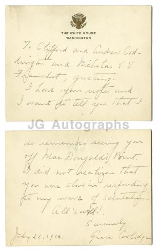 Grace Coolidge - U.  S.  First Lady,  Calvin Coolidge - Signed Letter (als),  1926