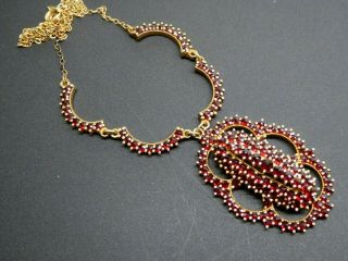 Vintage Bohemian Rose Cut Garnet Silver Gilt 3 Tier Pendent Chain Necklace 17.  5 "