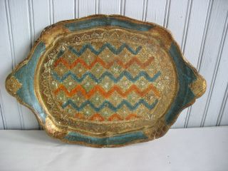 Vintage Wood Italian Florentine Toleware Gold Gilt 15 " Oval Tray Made In Italy