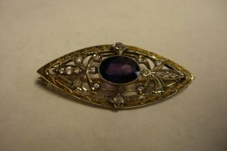 Vintage 14 Kt White And Yellow Gold Amethyst Filigree Pin Or Brooch