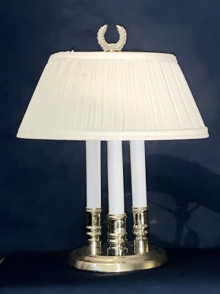 Vintage 15” Brass 3 Light French Bouillotte Table Lamp W/beige Fabric Shad