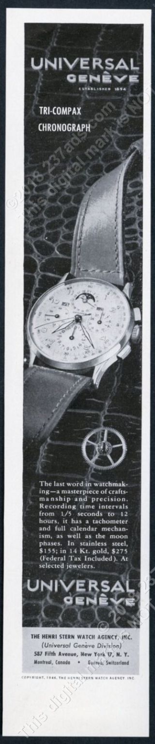 1946 Universal Geneve Tri - Compax Watch Photo Vintage Print Ad