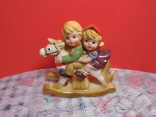 Vintage Ceramic Hand Painted Boy And Girl On Rocking Horse Figurine Pre - Owned