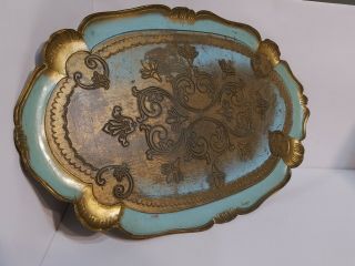 Wood Gold Inlay Vintage Antique Tray Trademark Made In Italy Hand Etched Details