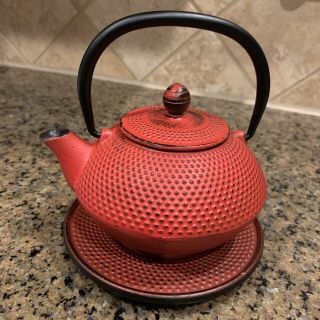 Red Japanese Tetsubin Style Cast Iron Tea Pot Teapot Infuser & Stand 650ml
