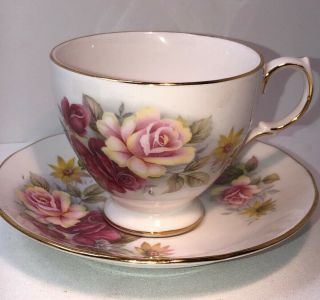 Queen Anne Bone China Footed Tea Cup and Saucer Made in England Roses 2
