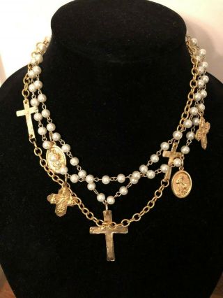 Pretty Triple Strand Necklace With Crosses And Christophers Gold Tone Chain