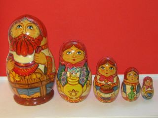 Vintage Artist Signed Set Of 5 Colorful Russian Matryoshka Nesting Dolls