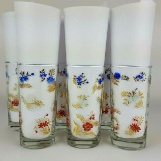 Set Of 6 Vintage Red White Blue & Gold Floral Highball Drinking Glasses Tumblers