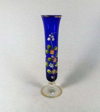 Lovely Vintage Arnart Bud Vase Cobalt Blue Hand Painted Flowers Orig Label