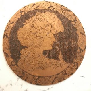 Antique Flemish Pyrography Plaque - Gibson Girl Vintage