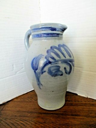 Antique Blue Floral Decorated Stoneware 1 Quart Pitcher - 7 3/4 " - - Great Find