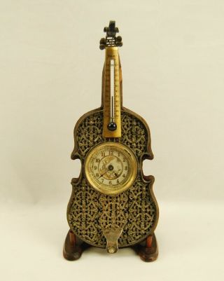 Antique British United Clock Co Violin Clock W/ Thermometer -