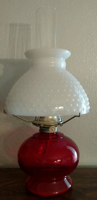 Vintage Ruby Red Base Oil Lamp White Milk Glass Hobnail Shade Eagle Burner