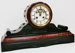 Antique French 8 Day Striking Slate & Red Marble Drumhead Mantel Clock