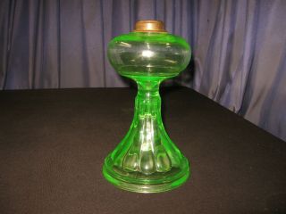 Antique Victorian Green Vaseline Uranium Glass Pedestal Kerosene Oil Lamp 9 3/4 "