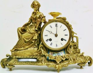 Antique French 8 Day Striking Bronze & Sevres Porcelain Lady Figure Mantel Clock