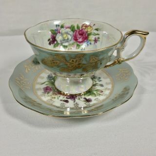Vintage Lm Royal Halsey Very Fine Tea Cup And Saucer Iridescent Teal/pink Green