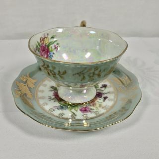 Vintage LM Royal Halsey Very Fine Tea Cup And Saucer Iridescent Teal/Pink Green 2