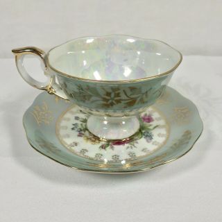 Vintage LM Royal Halsey Very Fine Tea Cup And Saucer Iridescent Teal/Pink Green 3