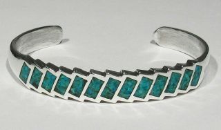 Vintage 1960s Zuni 925 Silver Sawtooth Inlay Natural Turquoise Cuff Bracelet 6 "