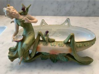 Germany Art Nouveau Bisque Porcelain Figurine Bowl Centerpiece Nymph With Birds
