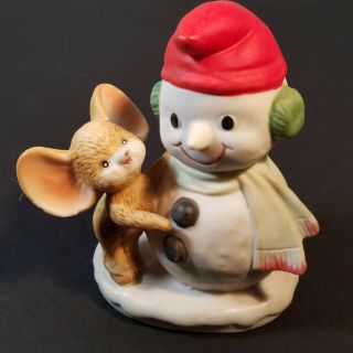 Homco Christmas Snowman With Mouse Figurine 8905