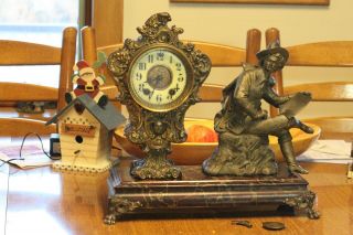 Rare Gilbert Statue Clock,  Over 100 Years Old,  Has Fancy Porcelain Dial