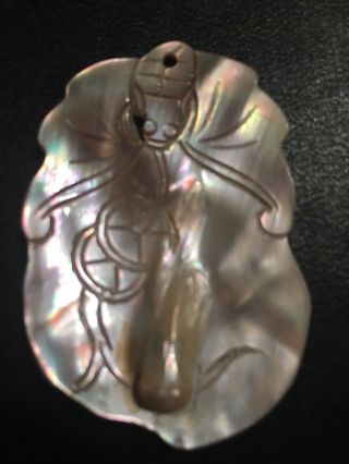 Vintage Carved Chinese Mother Of Pearl Blister Pearl Pendant With Bat & Coins 3