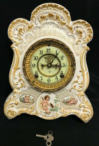Antique Ansonia Royal Bonn Porcelain Mantel Clock Cherub Open Escapement Runs