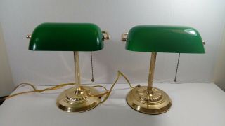 2 Vintage Bankers Desk Lamp Emerald Green Glass Shade Brass Base Library Office