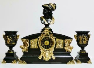 Antique French Black Marble & Ormolu Bronze Mantel Clock Garniture Set