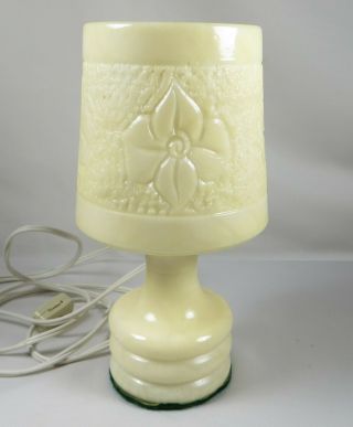 Vintage Carved Alabaster Floral Lamp With Shade Electric Boudoir Table Marble