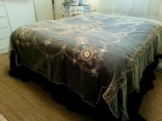 Antique / Vintage Ecru Tambour Lace Bedspread Bed Cover Full/queen