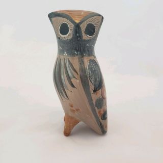 Vintage Tonala Mexican Folk Art Pottery Footed Owl Burnished Hand Painted
