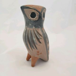 Vintage Tonala Mexican Folk Art Pottery Footed Owl Burnished Hand Painted 3