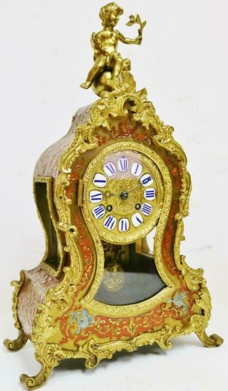 Antique French 8 Day Bell Striking Red Shell,  Bronze & Inlaid Boulle Mantel Clock