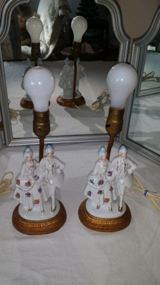 Pair 2 Vintage Victorian Colonial Man Woman Couple Porcelain Boudoir Table Lamps
