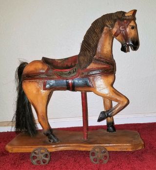 Vintage Hand Painted Wooden Horse Pull Toy Hair Tail Wheels 19 " Pony Wood