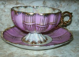 Vintage Pedestal Cup Saucer Royal Sealy China Japan Pink Gold Iridescent 1950 2