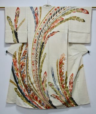 Japanese Kimono Silk Semi - Antique Houmongi / Peacock Feather / Vintage /459