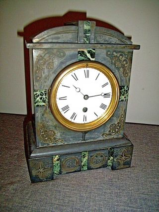 Antique Victorian Black Slate Bracket/mantel Clock With Marble Inlay Circa 1880