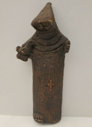 Interesting Vintage Friar Monk W Bird In Hand Dark Wood Carving And Resin