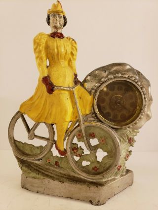 Antique Victorian Cast Iron Figural Woman On Bicycle Mantel Clock C.  1900