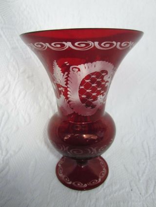 Antique Bohemian Ruby Art Glass Hand Blown,  Etched Footed Vase