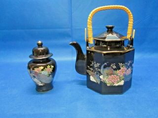 2 Piece Set Vintage Peacock Black Gold Tea Pot Vase Japan