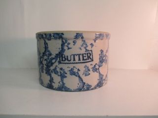 Antique Blue Spongeware Butter Stoneware Crock