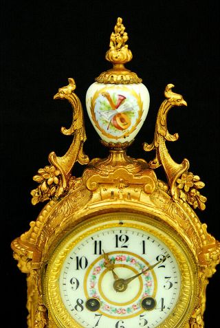 Gorgeous French Porcelain Mounted Gilt Metal Mantel Clock 19th C