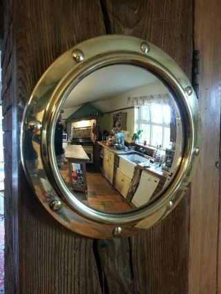 Vintage Round Convex Mirror Brass Mid Century Porthole Fisheye 1950s 30cm